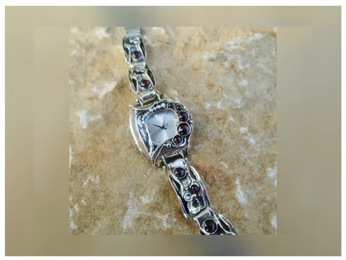 Sterling Silver Vintage Gemstone Watch Bracelet, Layered Sterling Silver Vintage Gemstone Watch Bracelet, Layered